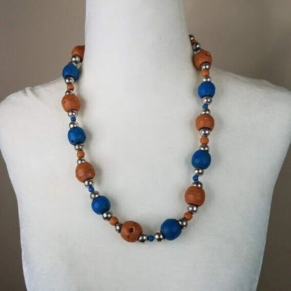 Boho‎ Beaded 20" Necklace Blue Terracotta Silver Tone Clay Round Beads Vintage